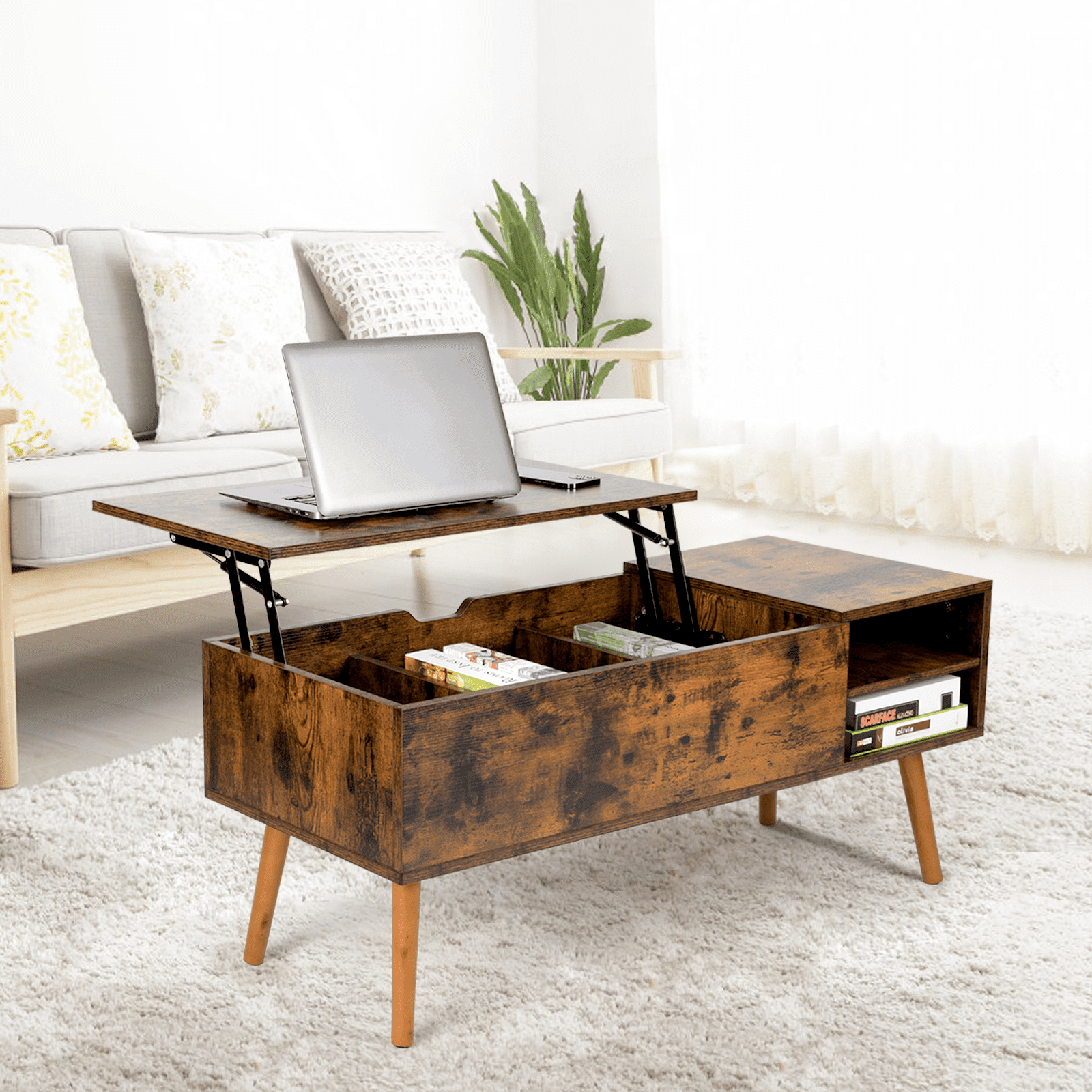 Amzdeal Wooden Lift Top Coffee Table for Living Room,Rustic Brown