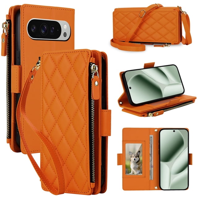 For Google Pixel 10 / 10 Pro 5G RFID Blocking Wallet Case, Crossbody Purse Phone Case with 9 Card Slots, Zipper Pocket & Detachable Strap,Orange,For Pixel 10 / 10 Pro