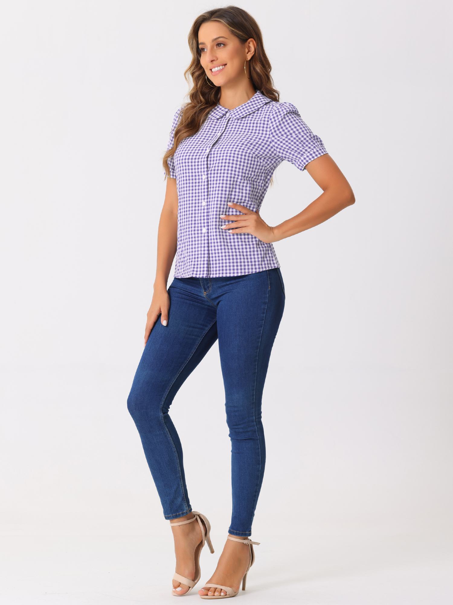 DARING DIVA Women's Plaid Button Down Puff Peter Pan Collar Shirt S Purple