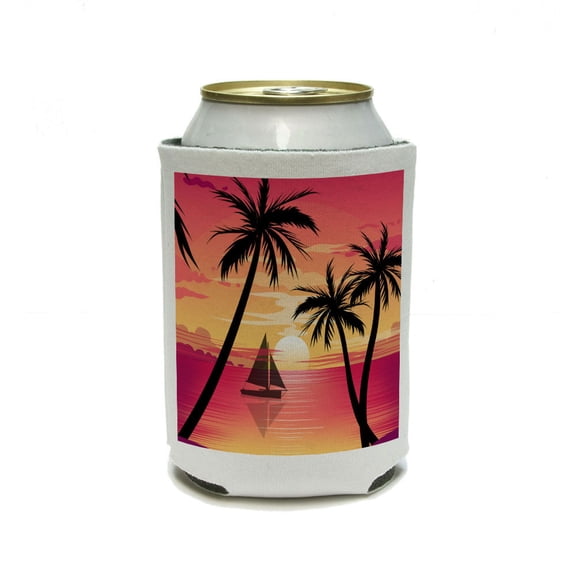 Beach Sunset - Graphic Sail Boat Ocean Vacation Pink Orange Can Cooler Drink Insulator Beverage Insulated Holder