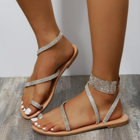 

Sawvnm Women s Rhinestone Sandals Casual Shoes Roman Low Heel Flip Toe Slippers Early Access Deals Beige US:9