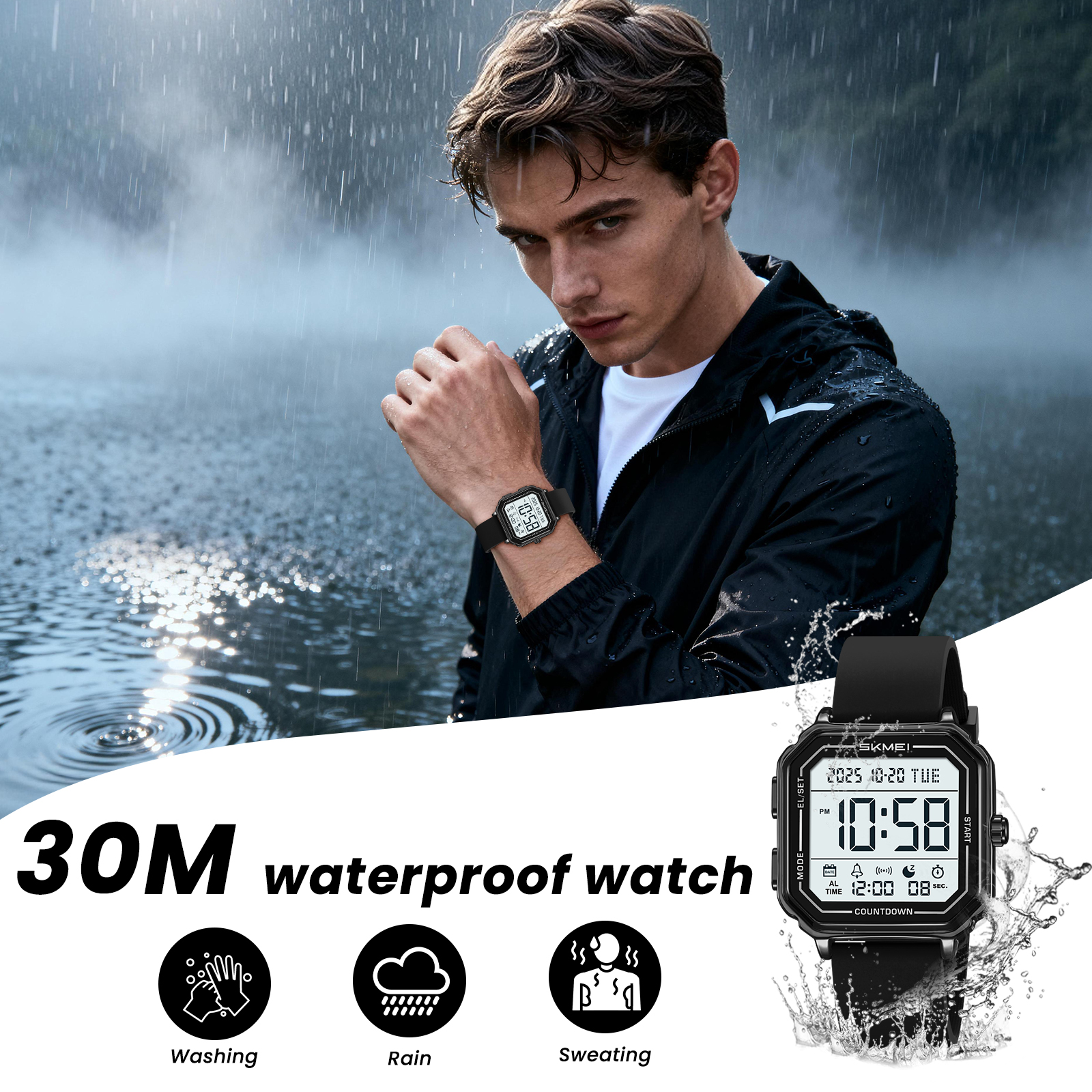 SKMEI Mens Digital Watch Sports Waterproof Outdoor Large Face Military Watches for Men with Stopwatch LED Back Ligh Alarm