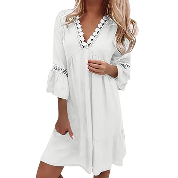 Summer White Dress For Women 2022 Women Summer Dresses For 2022 Ethnic Style Dress Lace Trim V Neck Dress Three Quarter Sleeves Swing Dress Bohemian Mini Dress