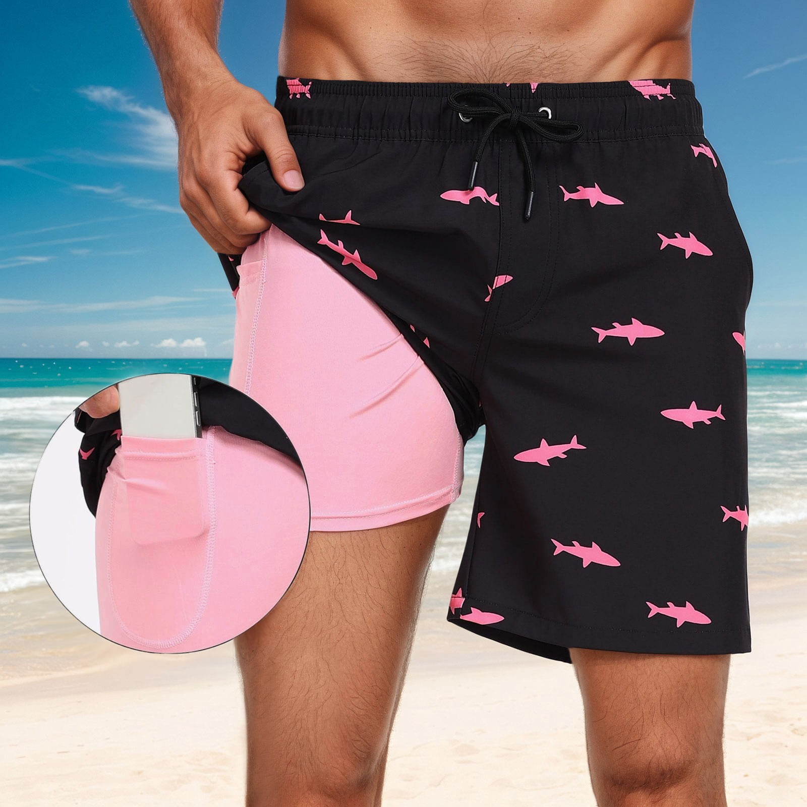 Tisuna Mens Swim Shorts Shark Print Drawstring Elastic Waist Straight Leg Trunks With Liner Casual Stylish Fit Male Holiday Summer Surfing Shorts Black Size Xxxl