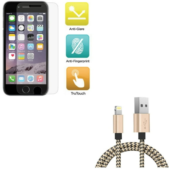iPhone 8/7/6S/6 - 3ft USB Cable w Film TPU Screen Protector - Charger Cord Power Wire Sync, Anti-Glare Anti-Fingerprint Matte for iPhone 8/7/6S/6
