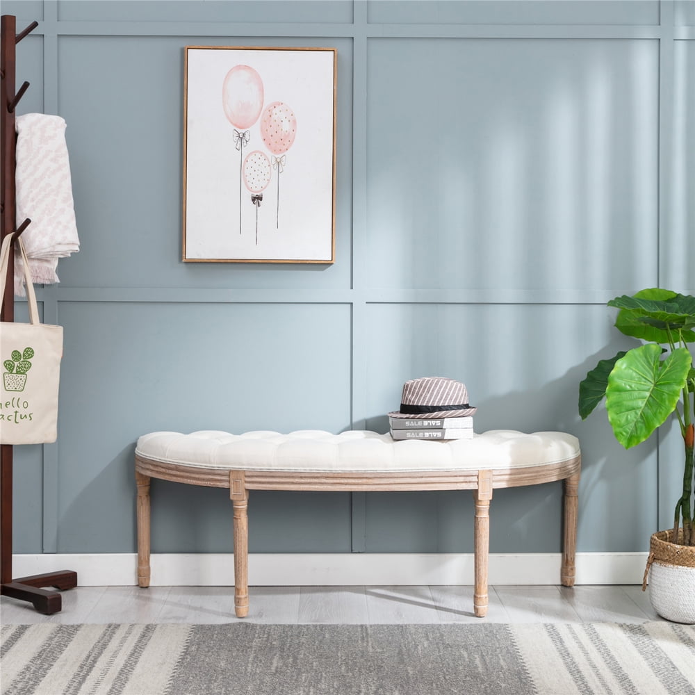 Private Jungle Half Moon French Vintage Bench with Padded Seat & Rubberwood Legs,Beige Private Jungle Half Moon French Vintage Bench with Padded Seat & Rubberwood Legs,Beige
