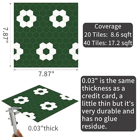 MORCART Peel and Stick Floor Tile, Vinyl Flooring Waterproof, DIY Flooring for Bathroom, Kitchen, Fireplace, Pet House, Stairs, Bedrooms, Wall(20PCS,7.87" x 7.87",Dark Green)