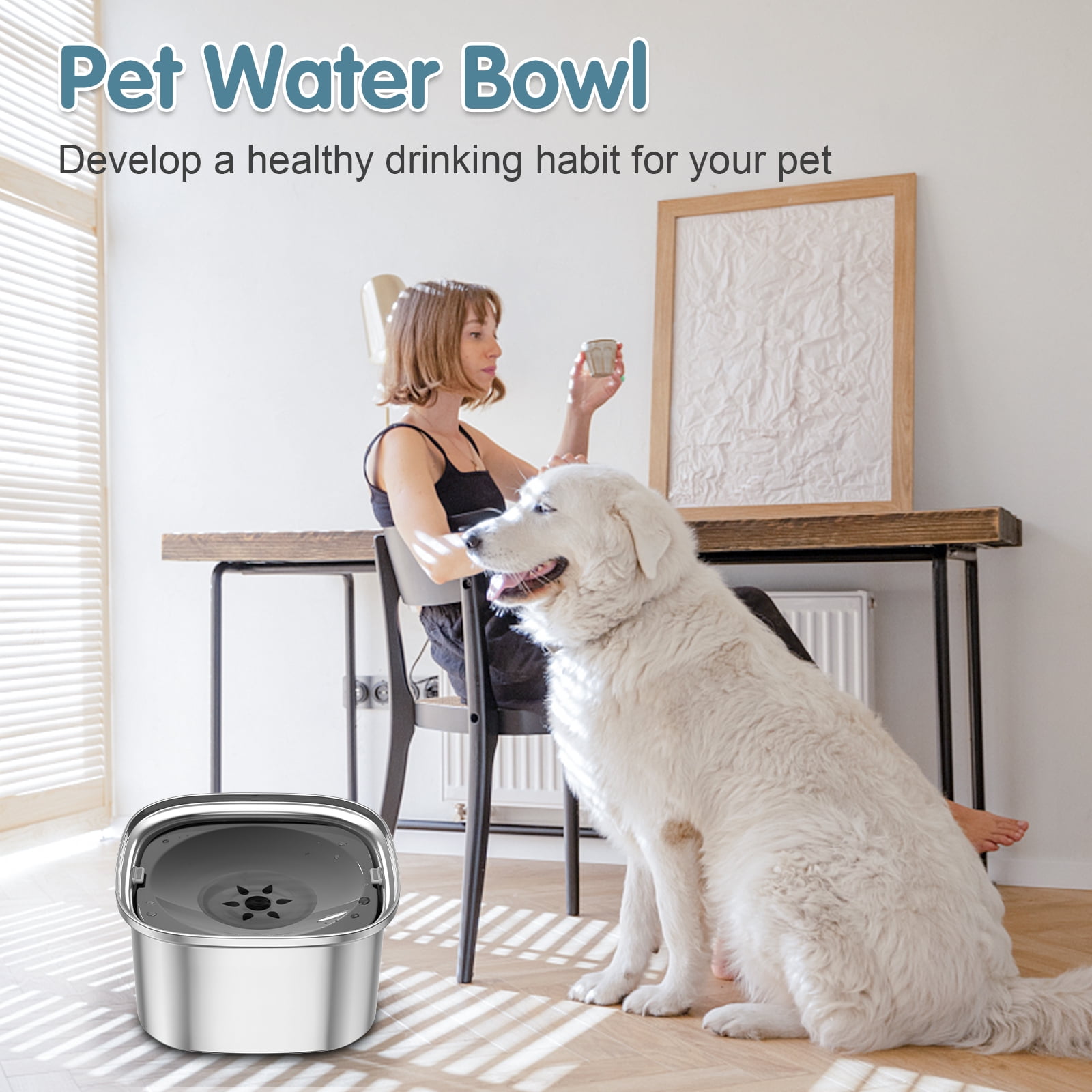 UPSKY 3L Dog Water Bowl 101oz Stainless Steel Dog Bowl No Spill Large Capacity Slow Water Feeder