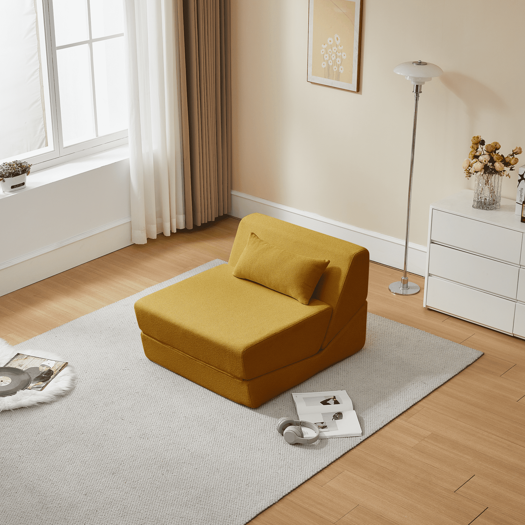 MAYEERTY Leisure Convertible Alpaca Wool Fabric Sofa Chair Modern 2-in-1 Functional Compressed Sofa Bed Perfect for Small Space Living Room Dormitory Apartment Study