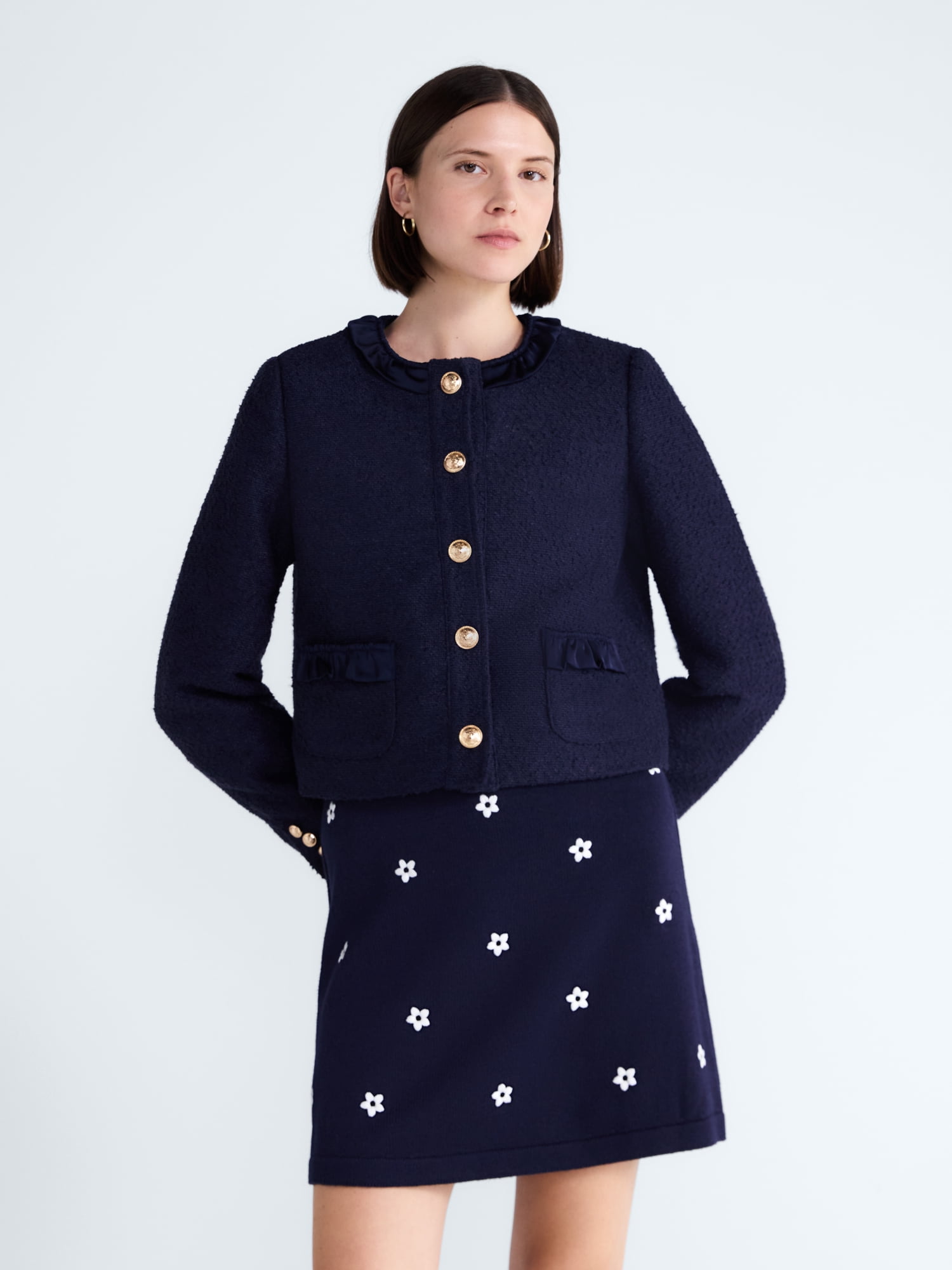 Free Assembly Women’s Ruffle Trim Nubby Jacket with Long Sleeves, Sizes XS-XXL