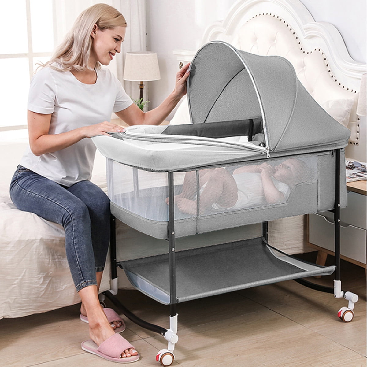 Adjustable Portable Bed for Infant/Baby Bedside Sleeper Ihoming Baby Bassinet 2 in 1 Travel Crib Baby Bed with Breathable Net 