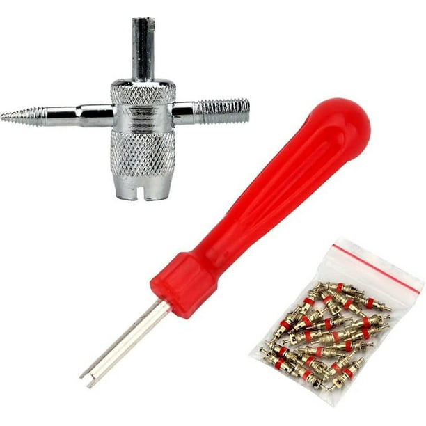 Tire Valve Tool, Car Tire Repair Tool Kit, Tire Valve Repair Tool, Valve Core Remover Red, Car Replacement with 4 in 1, Tire Valve Repair Tool and Val