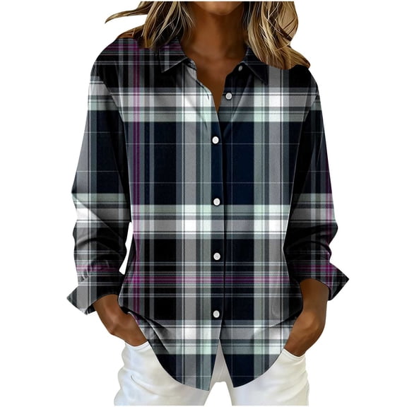 Fmbrln Womens Plaid Shirts Button Long Sleeve Turndown Collar Shirts Fashion Casual Lightweight Blouse Tops