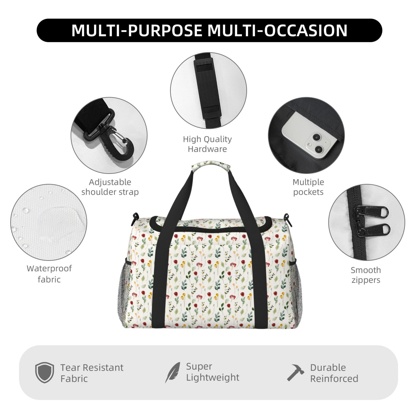 Fuzoiu Mini Wildflower Watercolor Print Travel Duffle Bag,Carry On Tote Bags,Duffel Bag,Sport Gym Bag, Hospital Bag for Labor and Delivery, Overnight Bag,Luggage Bag