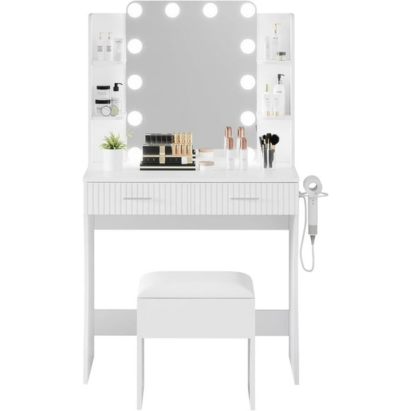 Coiffeuse Moderne avec Miroir et Lumières, Table de Maquillage avec 2 Tiroirs, 6 Étagères, Prise de Courant, Tabouret, Ensemble de Coiffeuse pour Chambre, Blanc