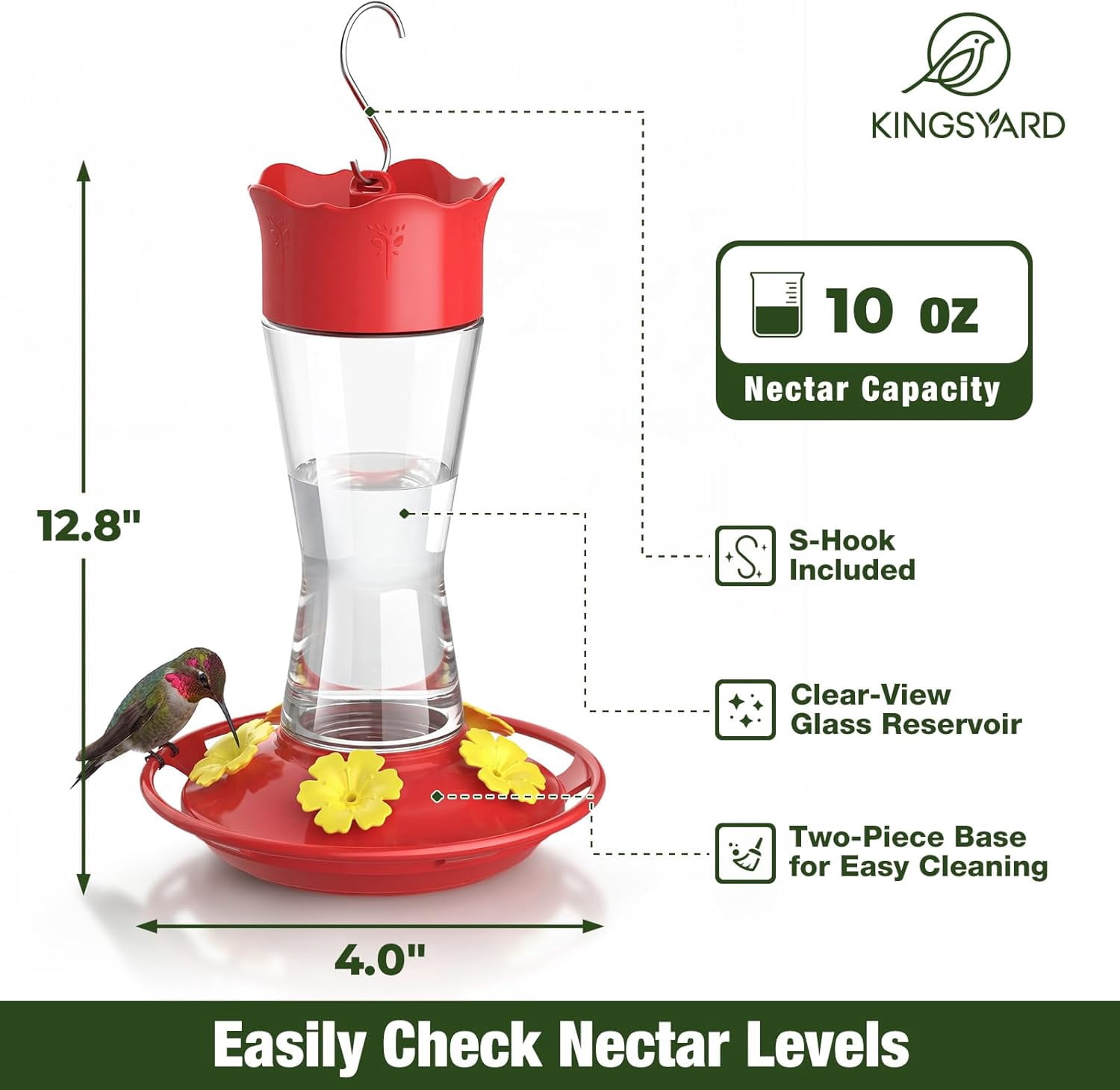 Glass Hummingbird Feeder for Outdoors Hanging, 10 oz Leak-Proof Humming Bird Feeders with Ant Moat & Bee Proof Feeding Ports, Hummingbird Gift for Bird Lovers (Clear)