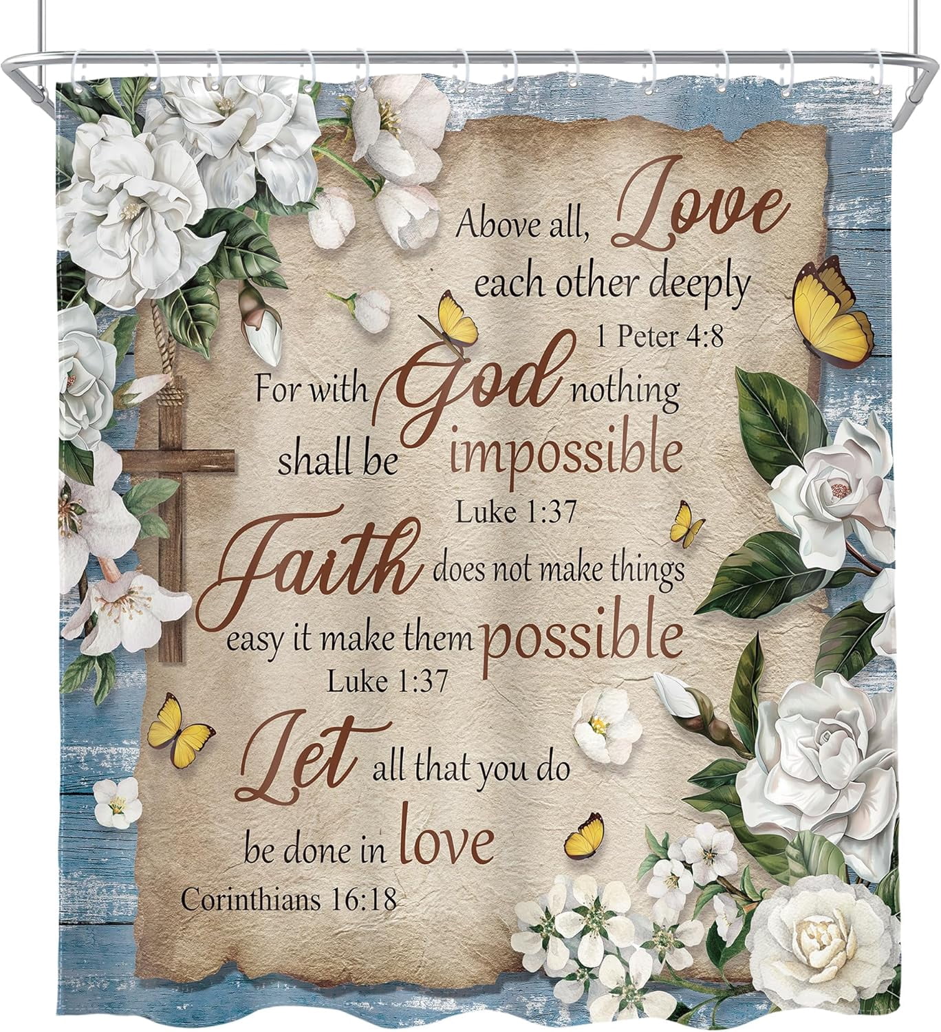 Bible Verse Floral Shower Curtain Christian Scriptures White Flower Inspirational Quote Rustic Plant Artwork Cloth Fabric Waterproof Polyester Bathroom Decor Set with Hooks-72"W x 78"L (Pack of 1)