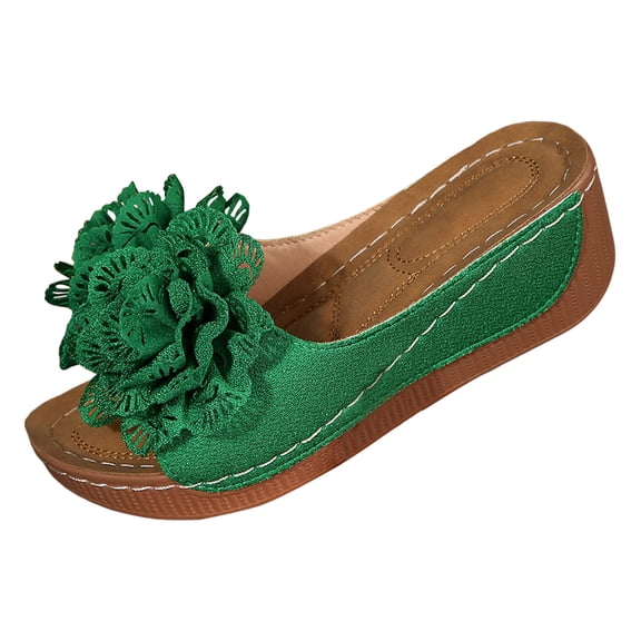 Modstep Summer Beach Sandals for Women Comfortable Open Toe Leather Wedge Slides with Arch Support Dressy Flower Platform Shoes size 9 Green