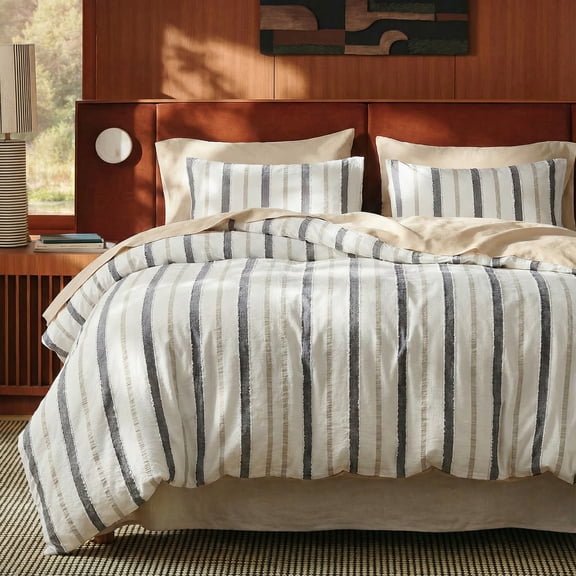 100% Cotton Tufted Duvet Cover , Cream White with Gray Stripe Bedding Set, 3-Piece Soft Breathable Comforter Cover with Zipper Closure & Corner Ties