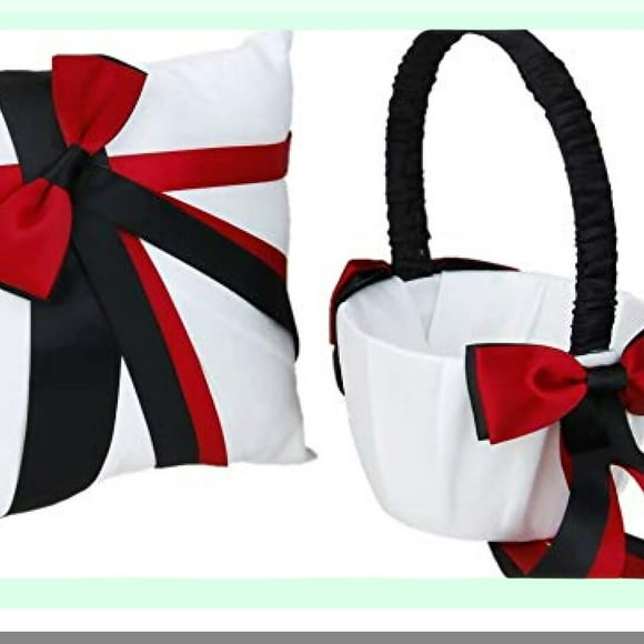 Ensemble de Mariage Rustique en Dentelle - Panier de Fleurs en Toile de Jute & Coussin Porte-Anneau. Parfait pour Fournitures de Fête de Mariage en Blanc & Noir.