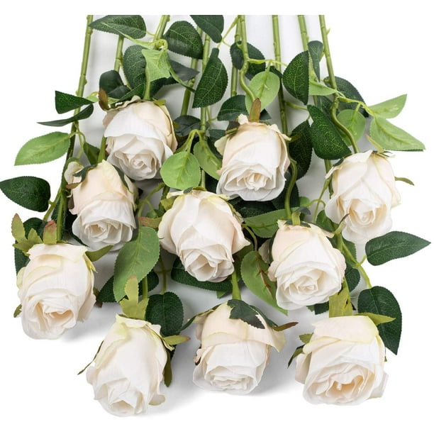 XmhyTop 10 rosas artificiales de tallo largo, rosas de seda falsas para ramo de boda, decoración del hogar (blanco)