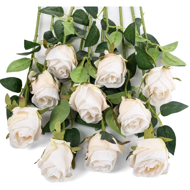 Nvzi 10 rosas artificiales de tallo largo, rosas de seda falsas para ramo de boda, decoración del hogar (blanco)