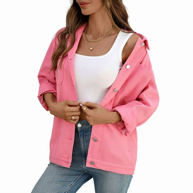 Chaqueta Vaquera Informal de Larga con Solapa y Botones para Mujer, Estilo Boyfriend, Holgada, A . Rosa XL