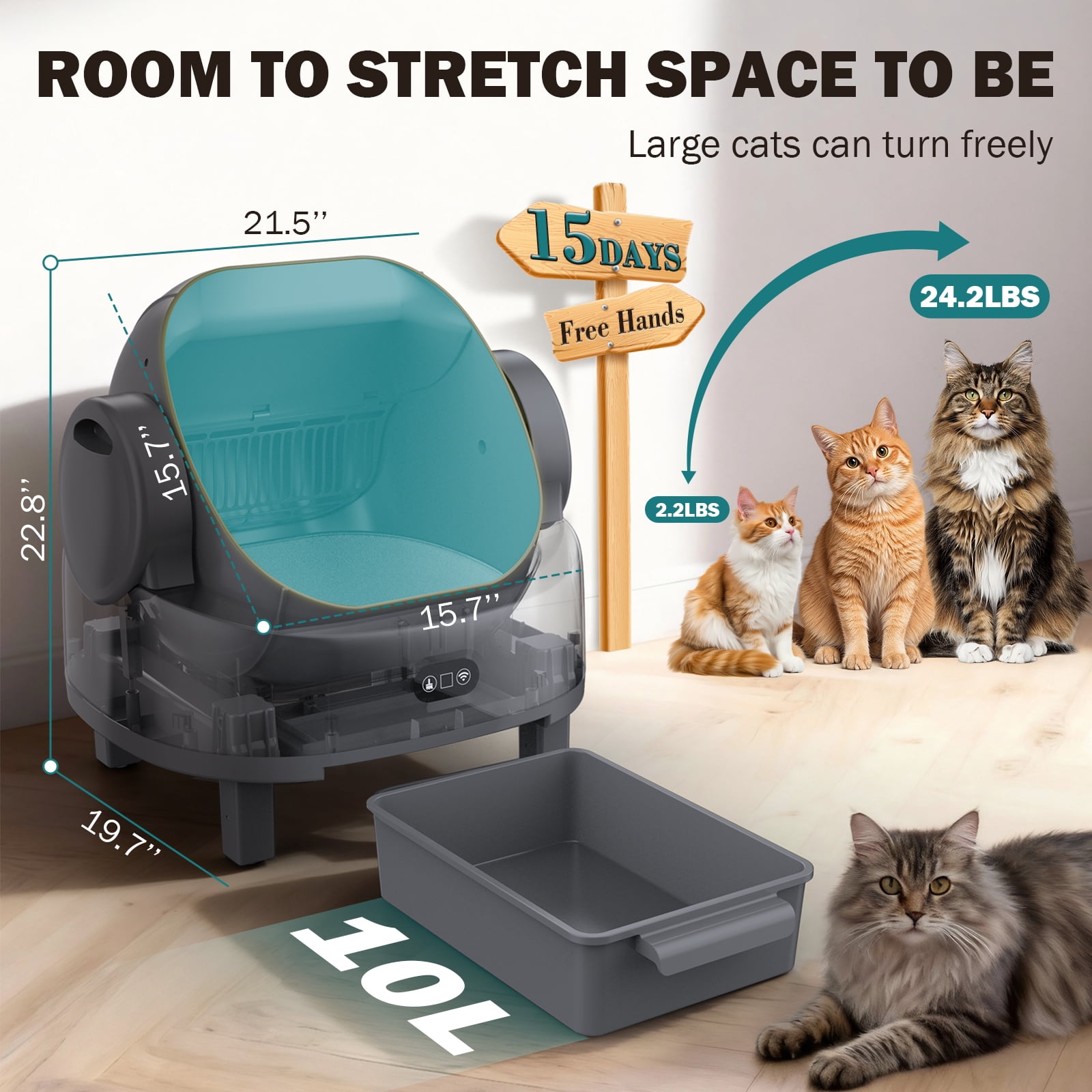 Self-Cleaning Litter Box Automatic Open-Top Cat Litter Box with App & Safety Features – Includes Litter Liners & Mat – Light Grey