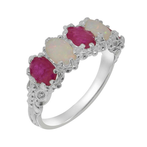 LBG British Made 18k White Gold Natural Ruby & Opal Womens Eternity Ring - 33 size options - Size 10.25