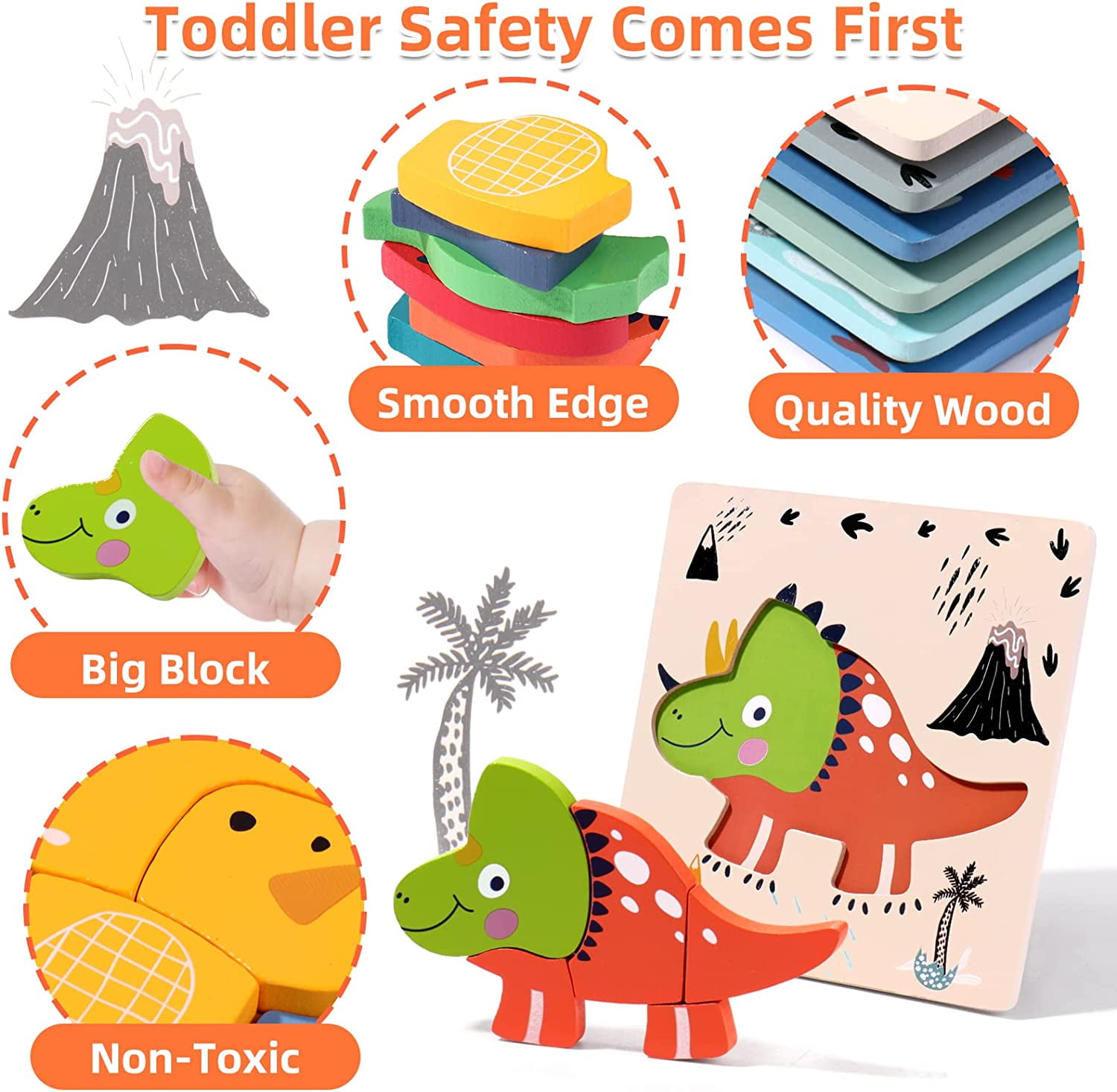 Boxgear Wooden Animal Puzzle – 6-Pcs Set Wooden Jigsaw Puzzles with Animals – Educational Baby Wooden Toys for Toddler Boys and Girls – Colorful Dinosaur Shape Puzzle for Kids