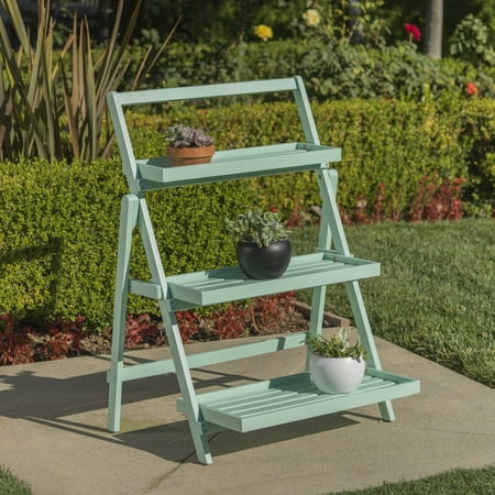 Outdoor Plant Stand - Noble House Meredity Outdoor Acacia Wood Plant Stand, Light Mint
