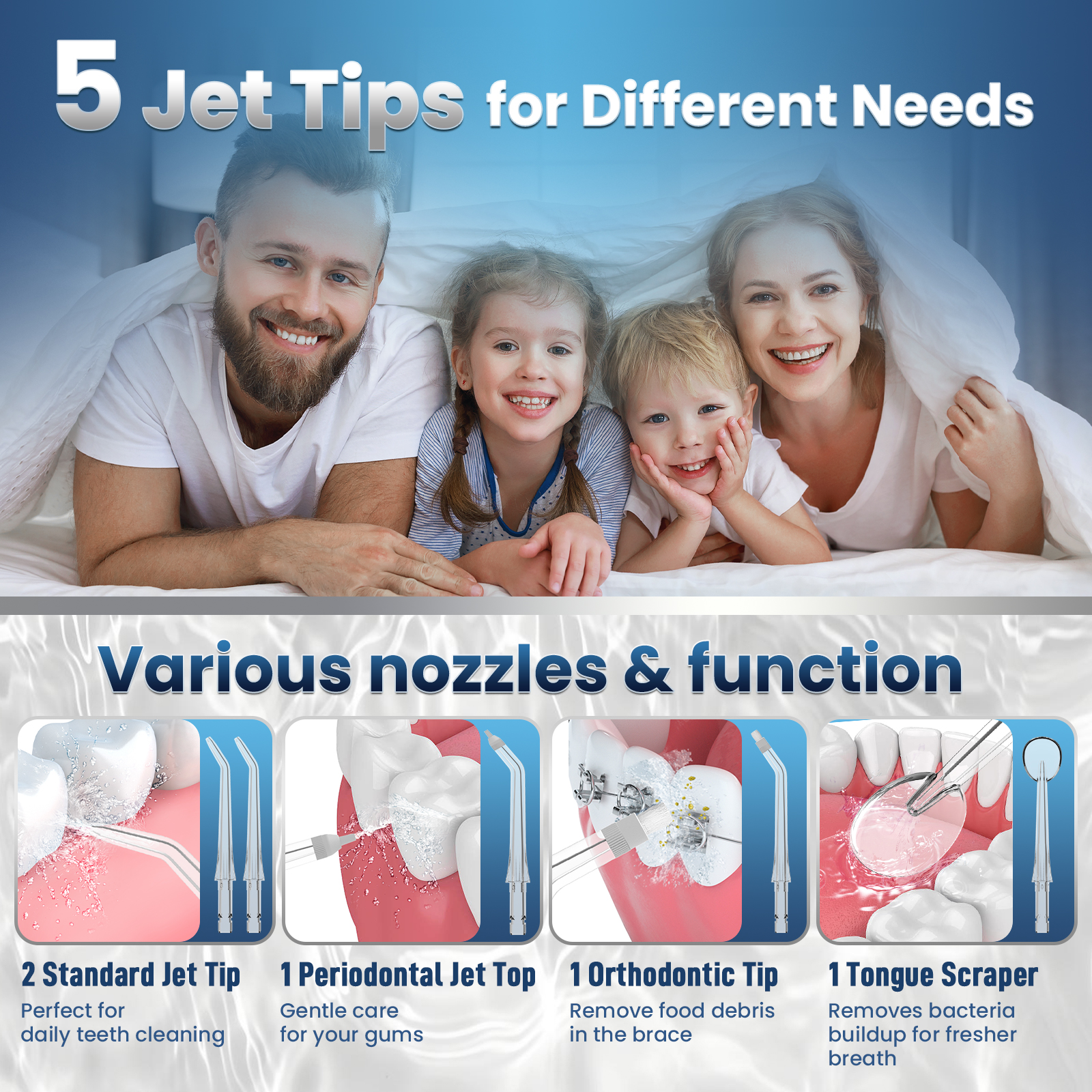 OasiSmile Irrigador Dental para Limpieza Dental, Irrigador Oral Inalámbrico Portátil Recargable de 300ml con 5 Puntas para Hogar, Viajes y Oficina, Púrpura 5