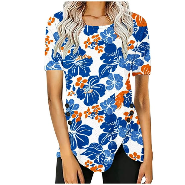 Blusas de Manga Corta para las Mujeres Botón Impreso Cuello Redondo Top Casual, Blusas para las Mujeres Casual