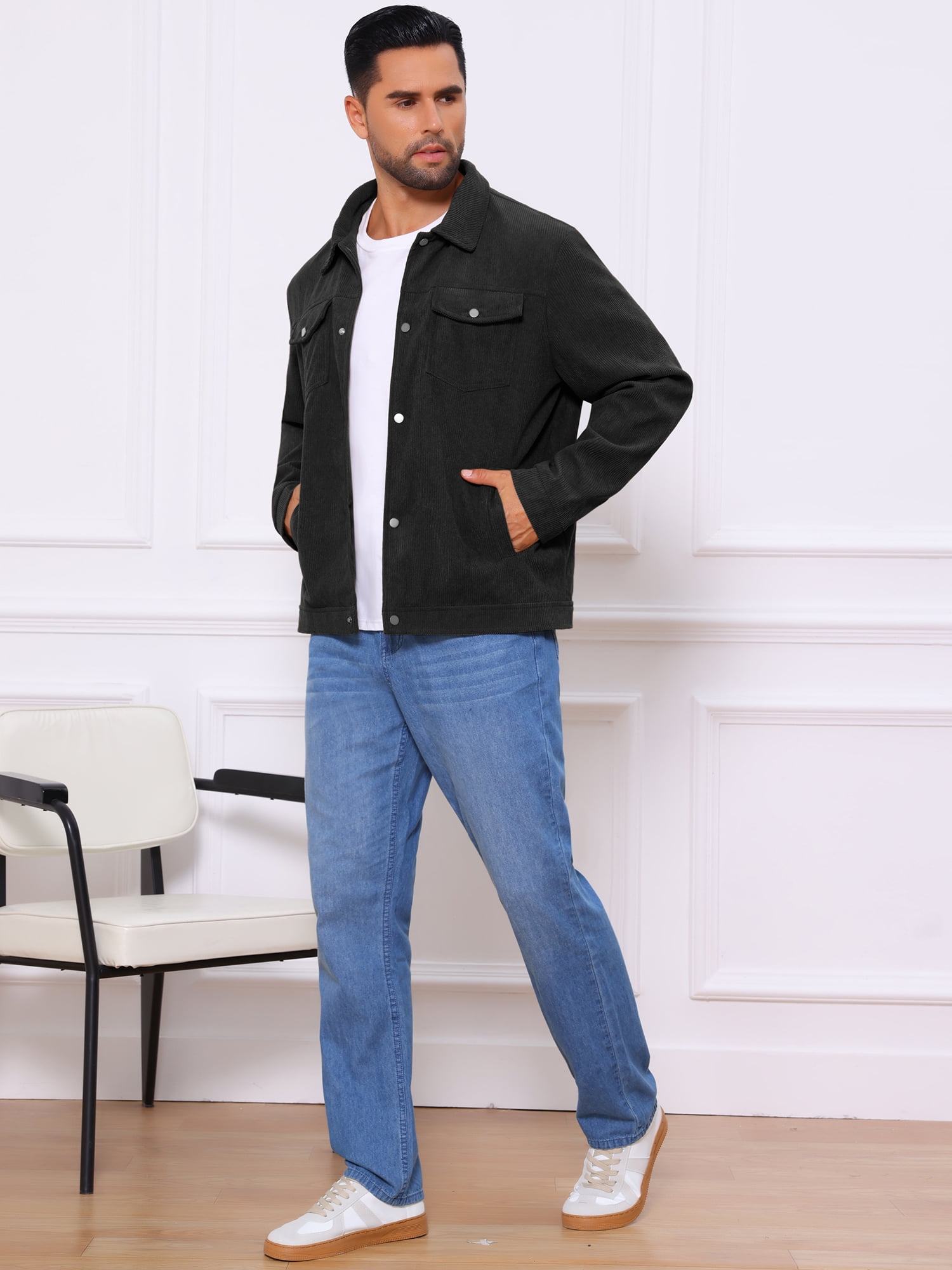 DARING DIVA Men's Solid Long Sleeve Button Pockets Corduroy Trucker Jacket S Black