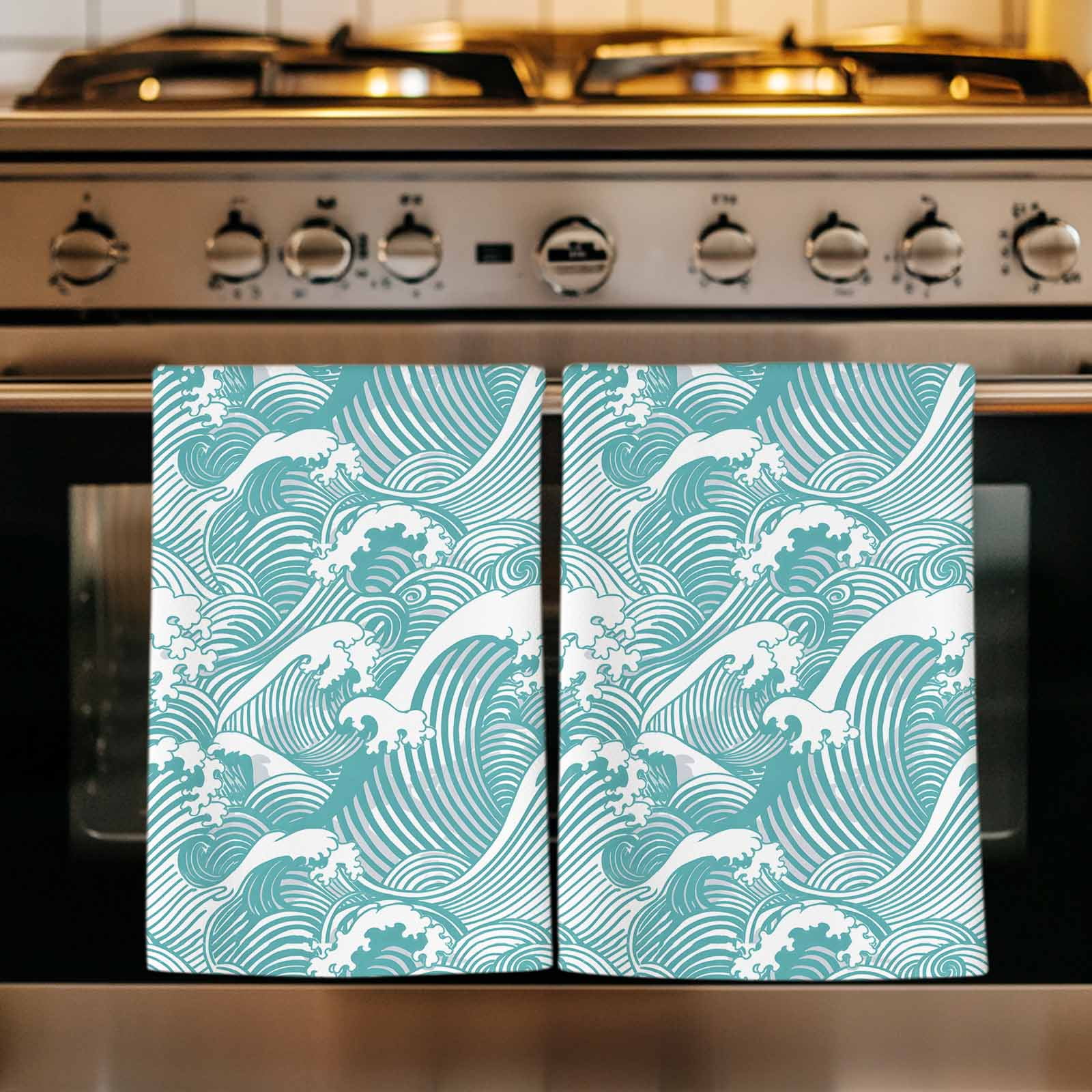 Dish Towels, Turquoise Waves Absorbent Kitchen Towels 2 PCS, Ocean Lines Stripes Microfiber Hand Towels Dish Cloths Tea Towels for Home&nbsp;Bathroom Cleaning Drying,18X28-Inch,