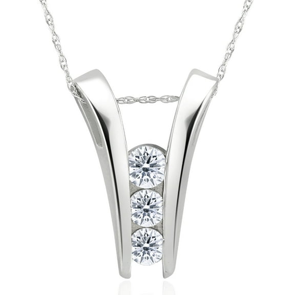 Pompeii 1/2Ct Three Stone Round Cut Diamond Pendant 14k White Gold Necklace & Chain