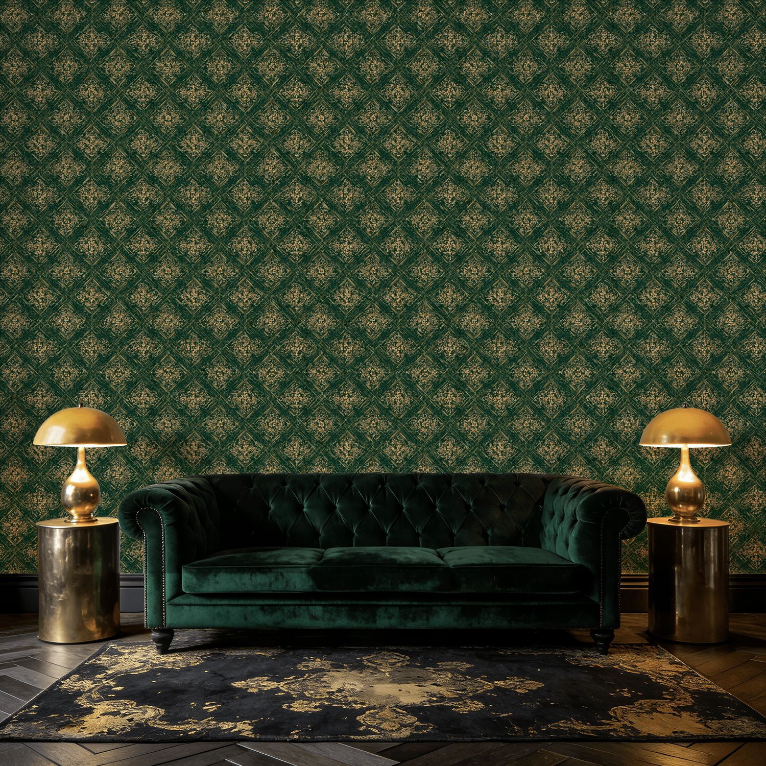 Peel and Stick Wallpaper Baroque Vintage Floral Damask Green Gold Accents Wall Mural 17.7in x 9.8ft Self Adhesive Removable Wall Paper Renter Friendly Wallpaper for Nursery Bedroom Cabinets