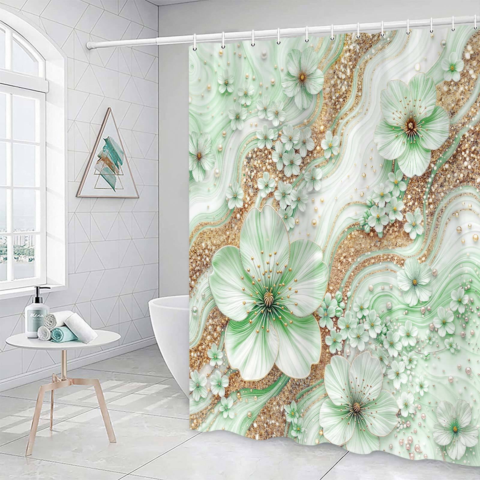 Green Luxury Light Floral Shower Curtain, Elegant Boho Bathroom Decor, Cherry Blossom with Gold Glitter Marble Texture, Waterproof Washable Fabric Shower Curtain Set with Hooks,70X85in