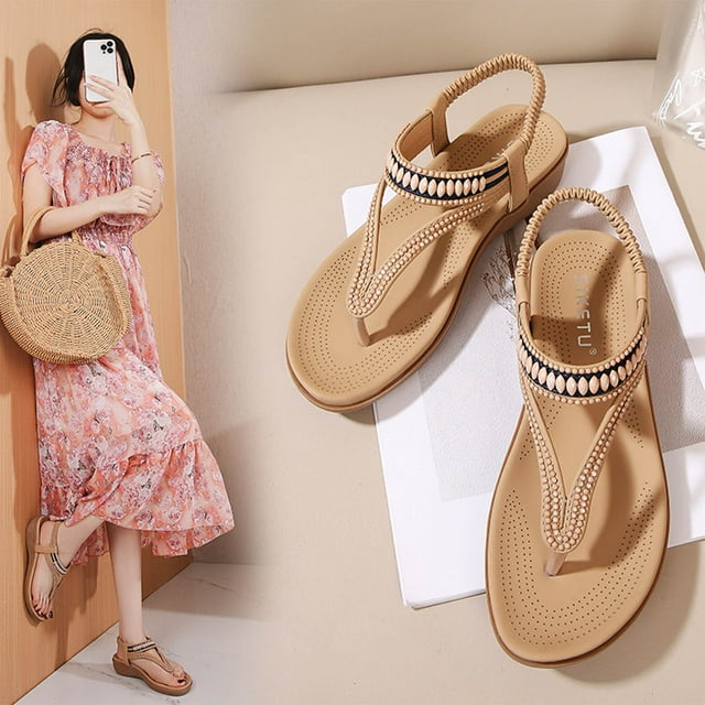 LSLJS Summer Sandals for Women Flat Slip On Sandals Crystal Roman Shoes Open Toe Casual Sandals