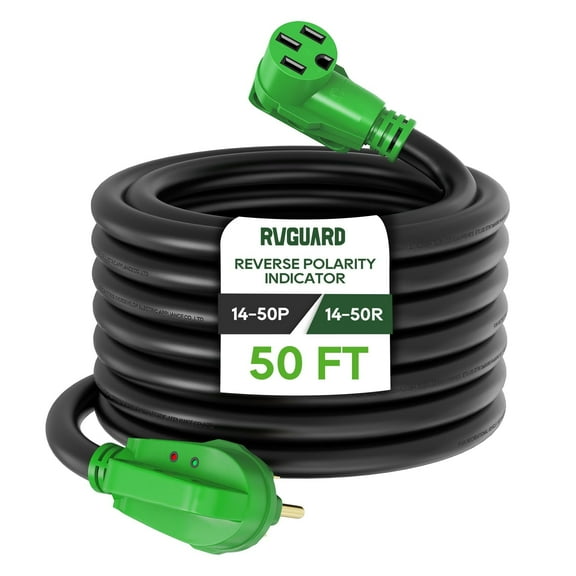RVGUARD 50 Amp 50 Foot RV/EV Extension Cord with Reverse Polarity Indicator, NEMA 14-50P/R Heavy Duty Extension Cord with Cord Organizer, Green, ETL Listed