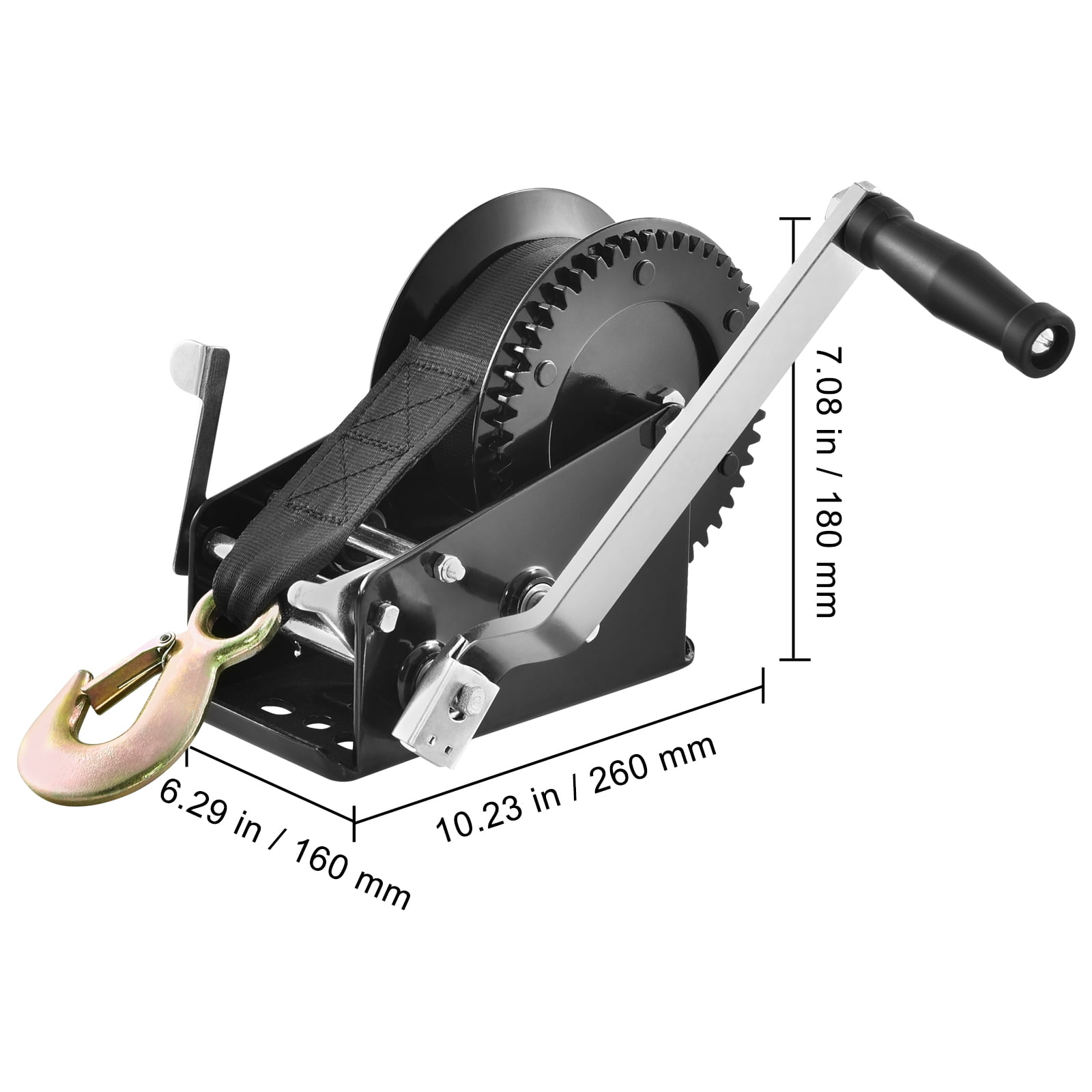 VEVOR Hand Winch, 3500 lbs Pulling Capacity, Boat Trailer Winch Heavy Duty Rope Crank with 33 ft Polyester Strap and Two-Way Ratchet, Manual Operated Hand Crank Winch for Trailer, Boat or ATV Towing