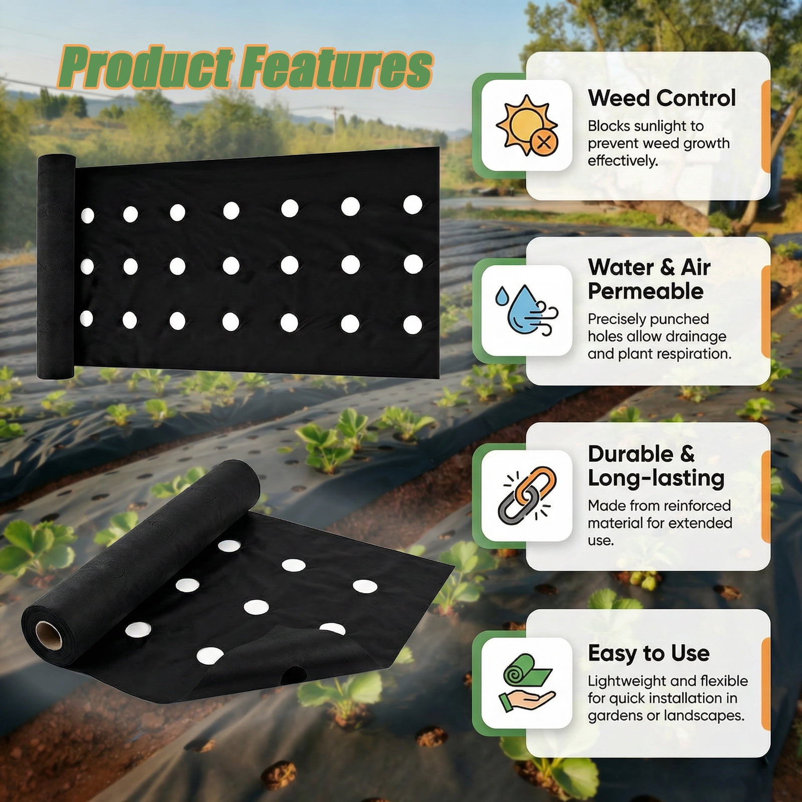 Black Perforated Non-Woven Weed Barrier Fabric, Heavy Duty Garden Weed Control Mat, 1 Roll (0.6/0.8/1 X 9.2m) For Landscaping, Lawn, Yard - Breathable & Durable Ground Cover, Allows Water & Air