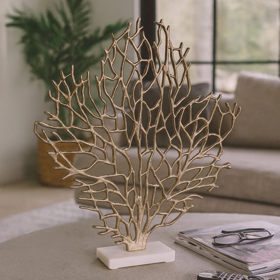 Decorative Metal Coral on Marble Stand Sculpture for Home Decor - Coastal Decor for Living Room, Bedroom, and Entryway Table - 21", Gold & White