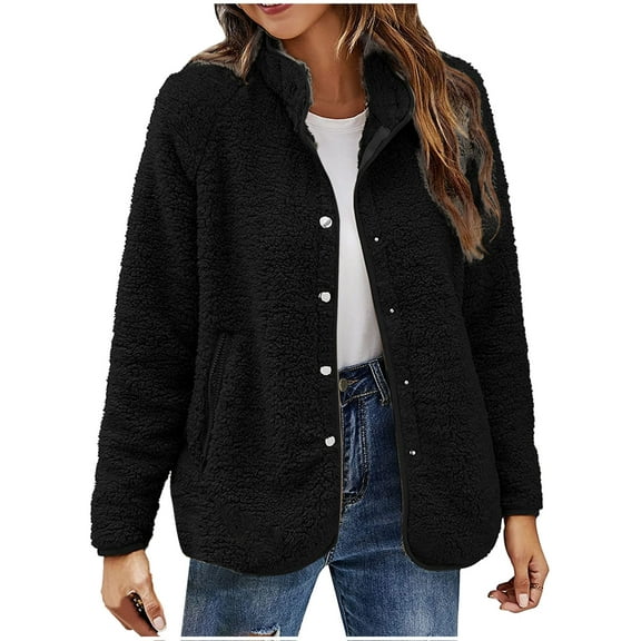 Umfun Winter Jackets for Women Solid Stand Collar Plush Button Jacket Long Sleeve Soft Chunky Knit Sweater with Zipper Pockets Black S