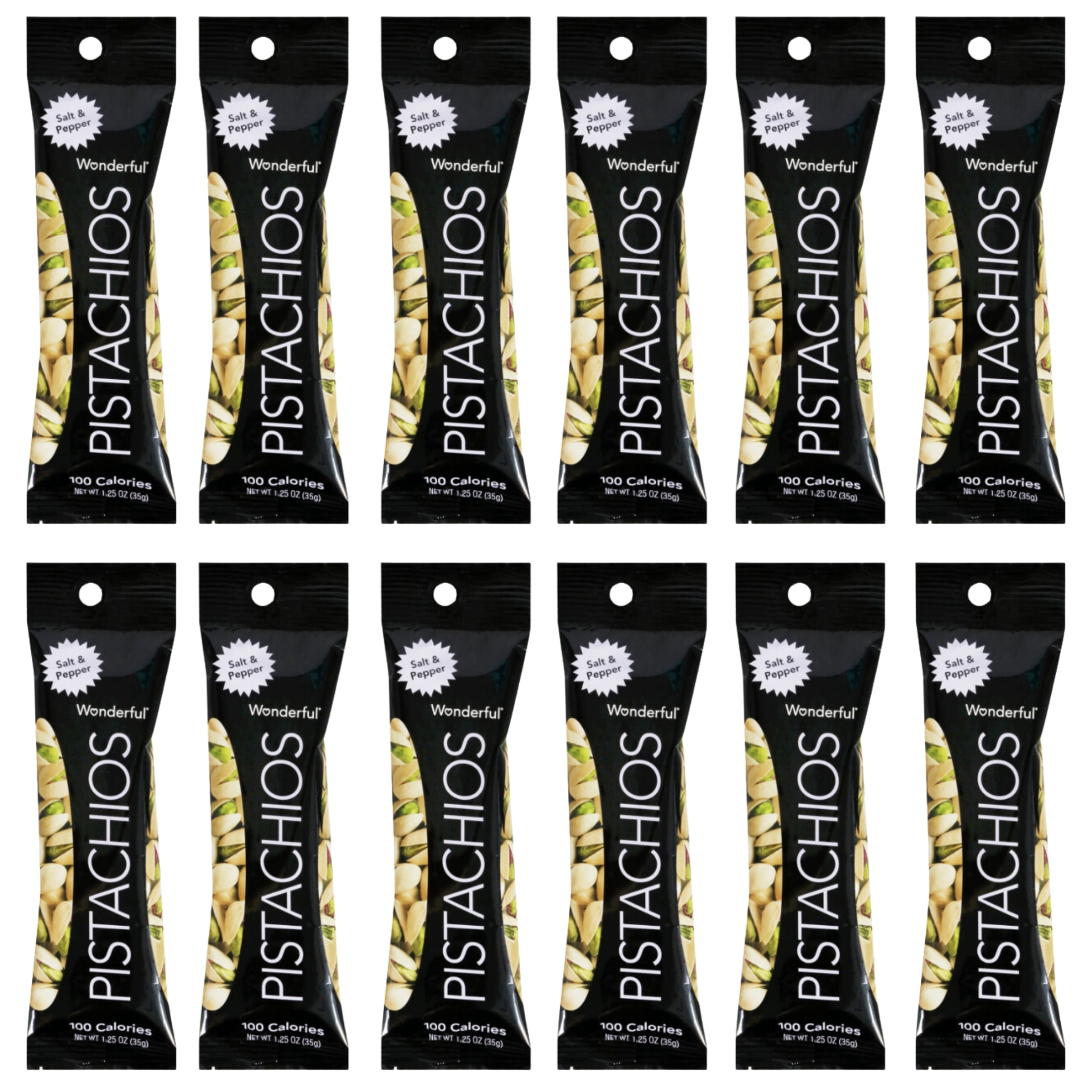 Wonderful Salt & Pepper Pistachios 1.25 Ounces High Fiber Nuts Delicious Heart Healthy Hunger Snack for Camping Hiking Sports Event Parties Lunches Protein Food Pack of 12