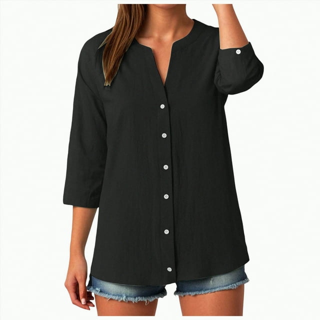 Chemises à Manches 3/4 pour Femmes en Coton et Lin, Col en V, Coupe Ample Décontractée