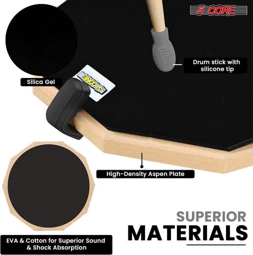 Drum Throne Adjustable Guitar Stool Padded Seat + Drum Practice Pad Snare Drumming Stand - DS CH BLK + DPAD COMBO Black