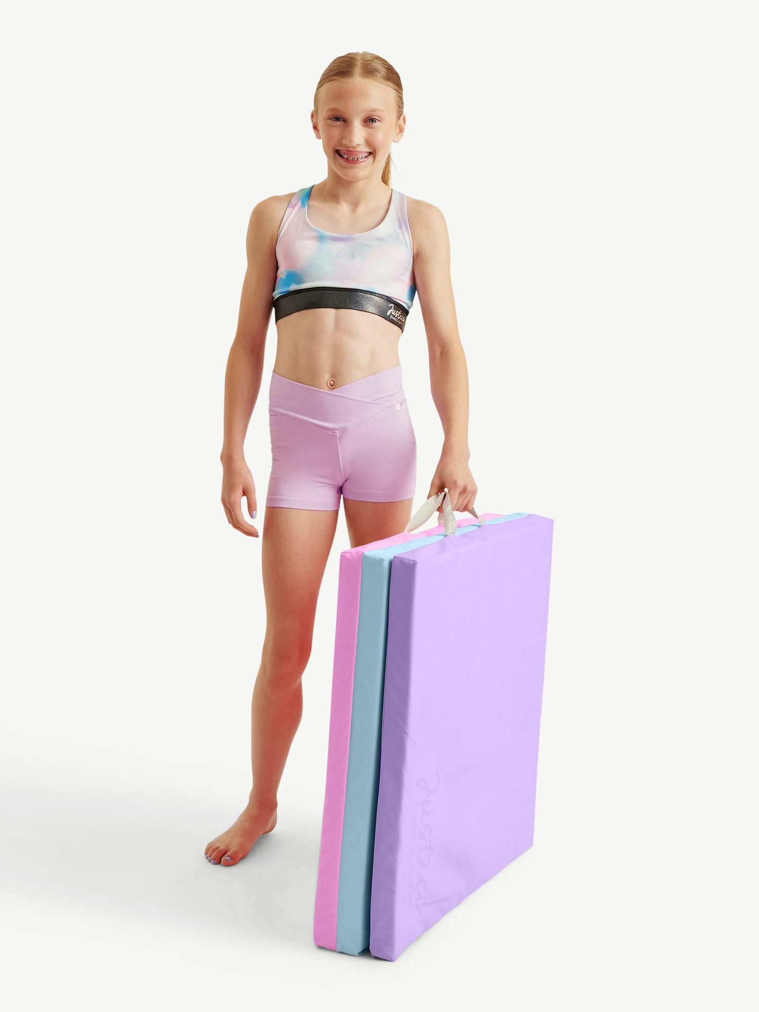 Justice 6ft Three-Fold Gymnastics Mat with Carry Handles, Multi Color, 1.5-inch Thickness