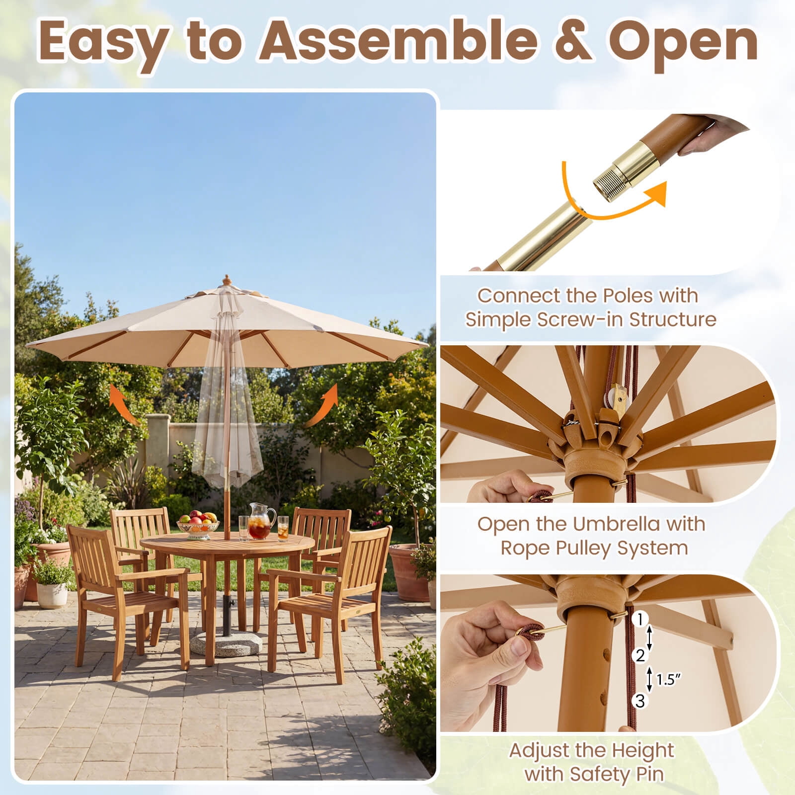 Costway 9 FT Patio Umbrella with Adjustable Height Rope Pulley Lift Vented Top 8 Sturdy Ribs Beige