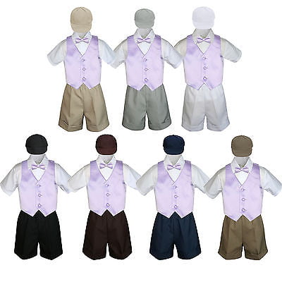 5pc Boy Toddler Formal Lilac Lavender Vest Bow Tie Black Khaki Hat Shorts S-4T 